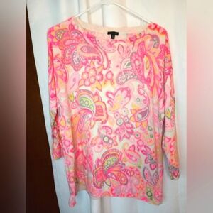 Talbots Neon Pink Paisley Pullover Sweater Large Lightweight Stretch Multicolor